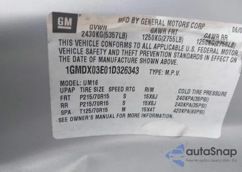 2001 Pontiac Montana M16 W/1Sd Pkg. z USA, uszkodzony, nr VIN 1GMDX03E01D326343